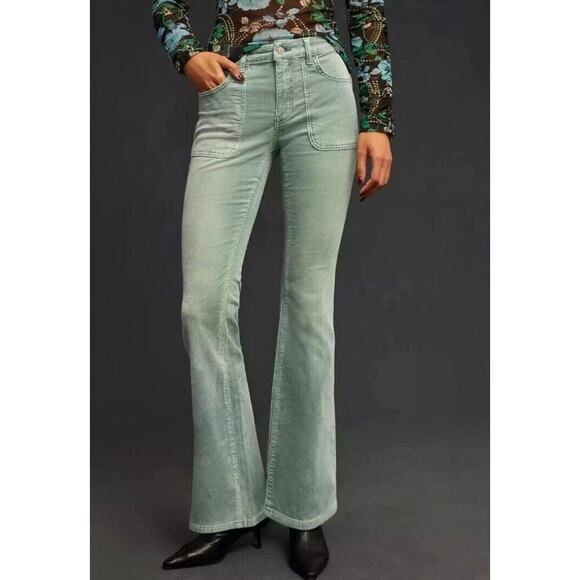 Anthropologie Pilcro 31 Petite The Icon Corduroy Flare Jeans Mid Rise Green Pant